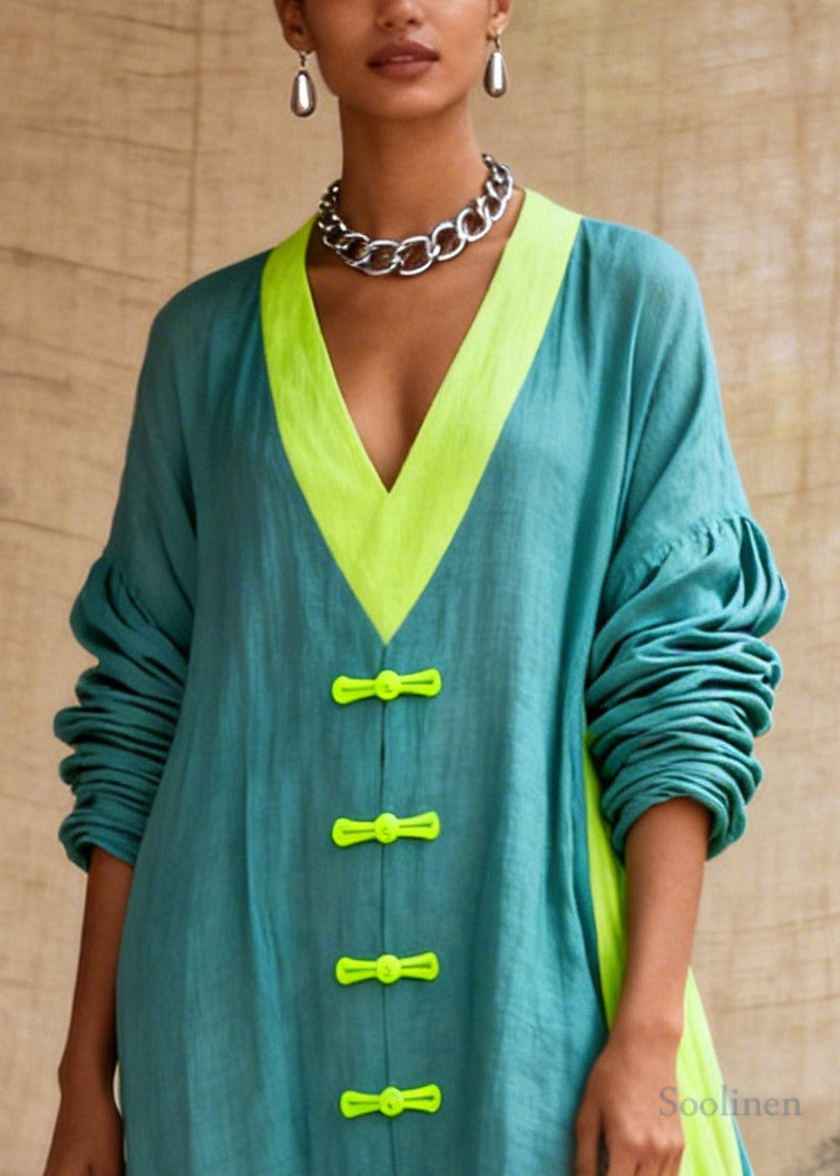 Fitted Blue Oversized Patchwork Chinese Button Cotton Maxi Dresses Fall