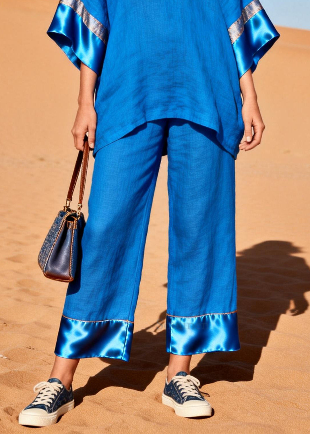 Fitted Blue Oversized Patchwork Silk Cotton Two Piece Set Women Clothing