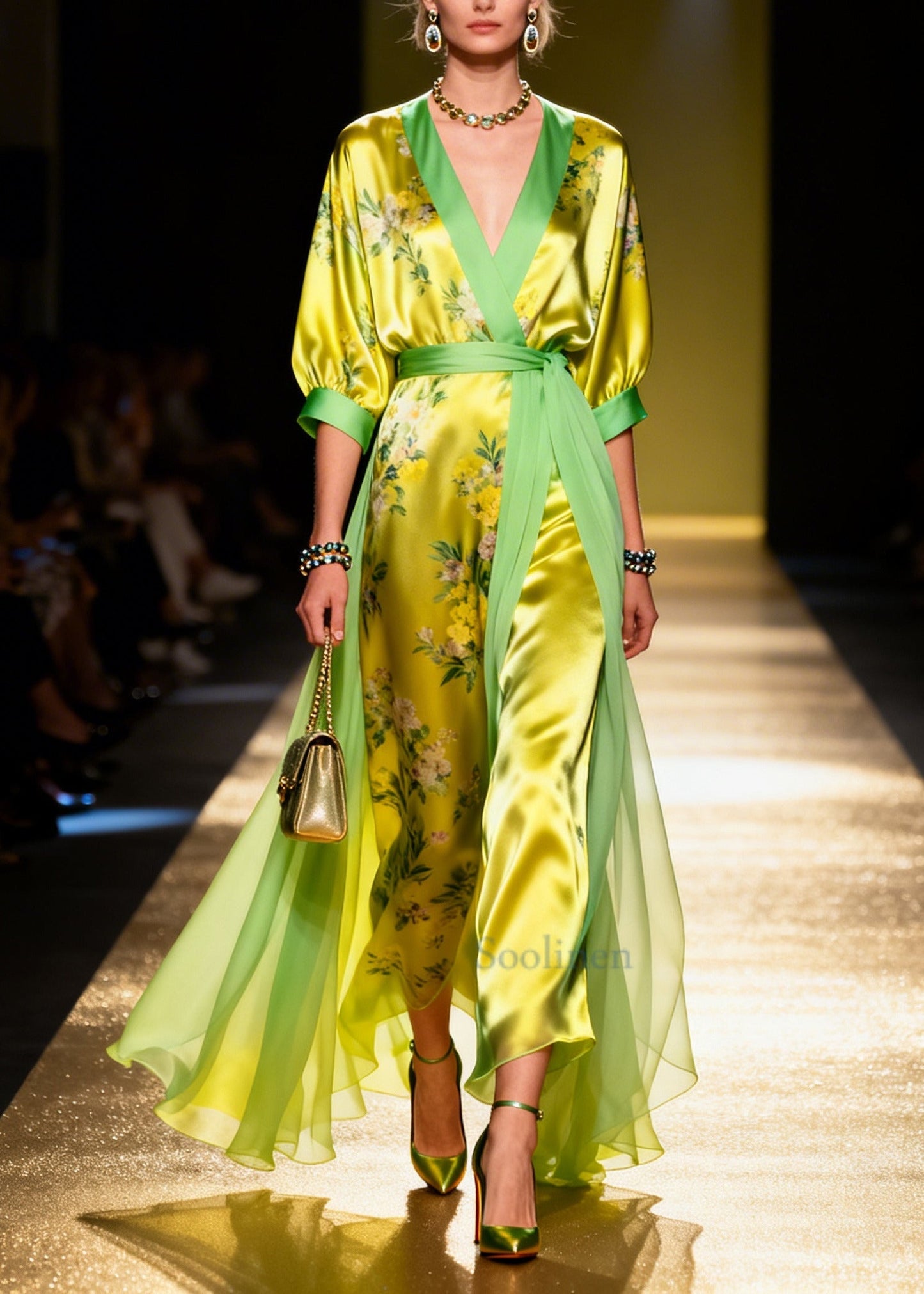 Fitted Grass Green Print Tulle Patchwork Silk Party Dresses Summer