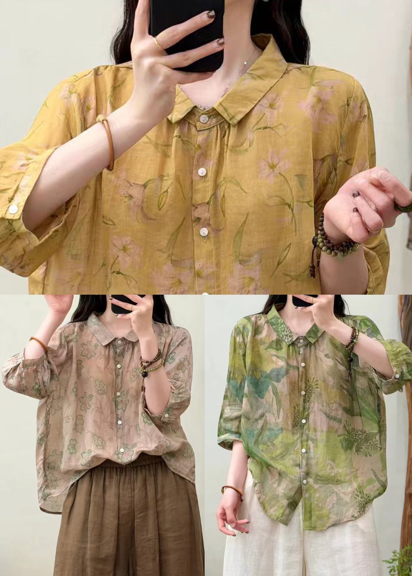 Fitted Green Oversized Print Linen Shirt Tops Half Sleeve
