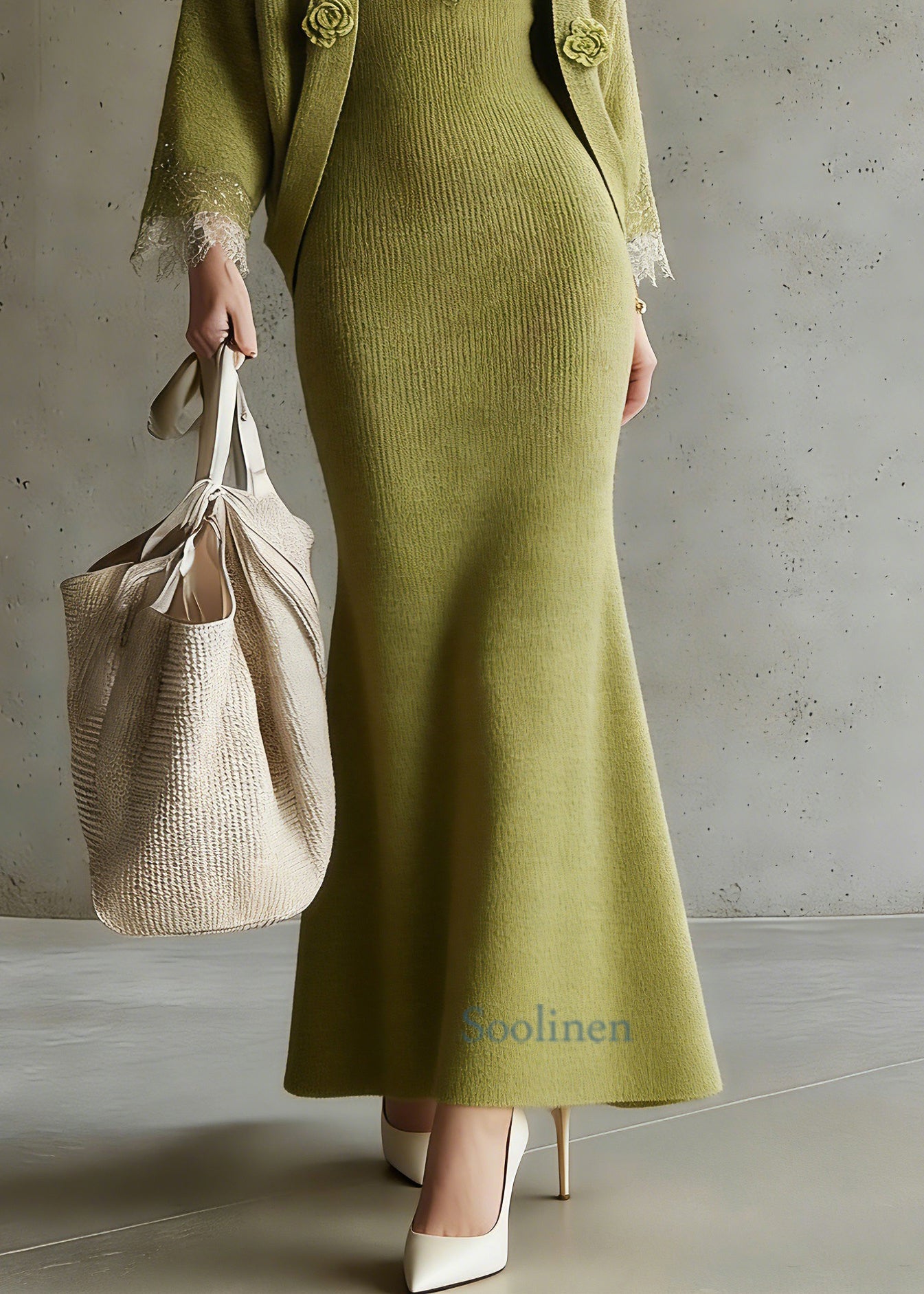 Fitted Green V Neck Sequins Cotton Knit Cardigans And Maxi Skirts Two Pieces Set Three Quarter Sleeve