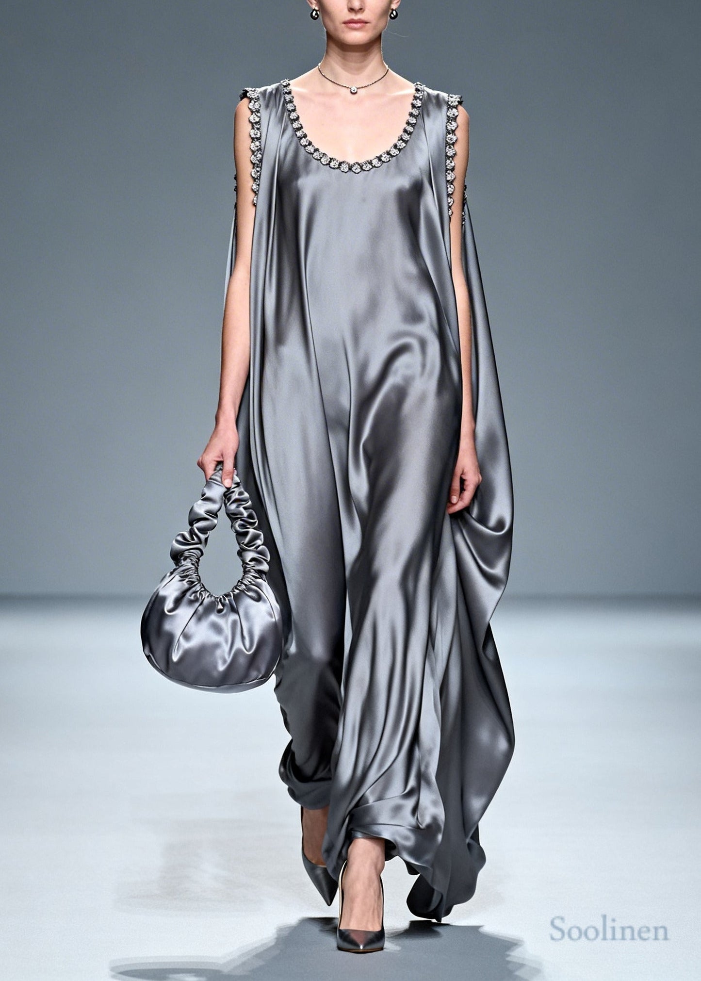 Fitted Grey Oversized Draping Silk Vacation Dresses Sleeveless