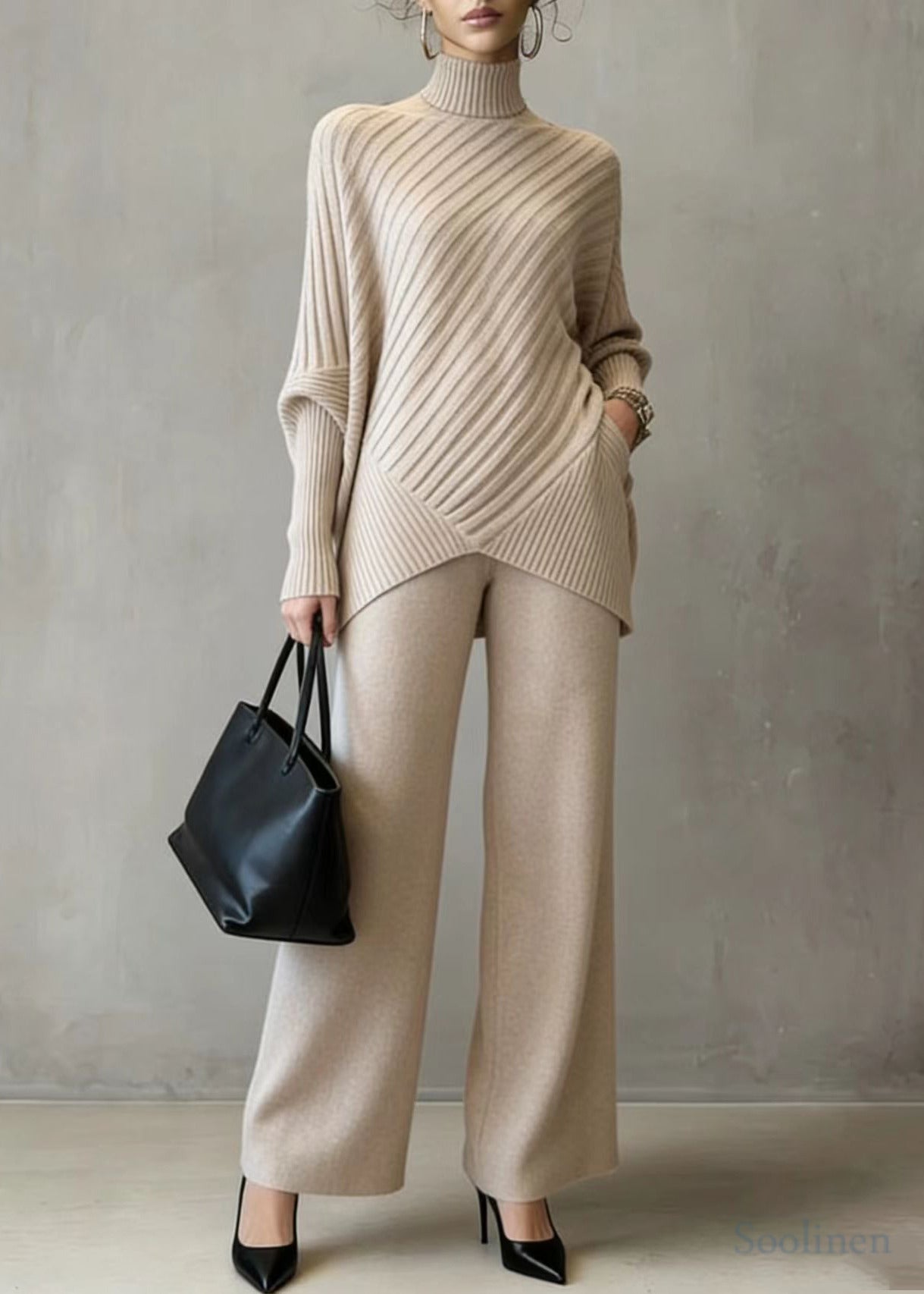 Fitted Khaki High Neck Asymmetrical Design Knit Two Pieces Set Spring