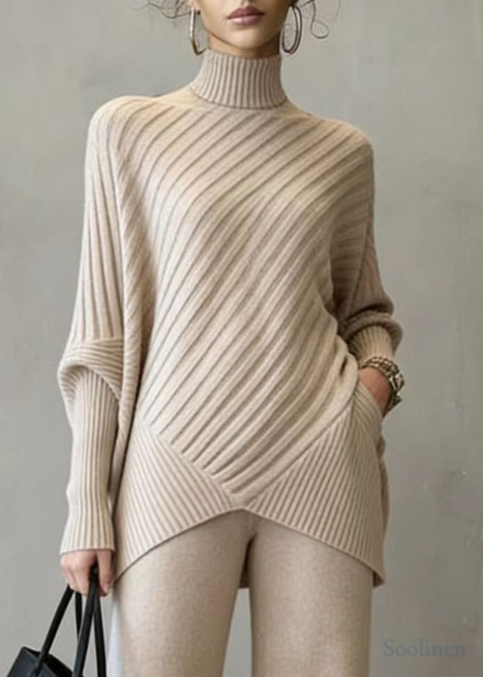 Fitted Khaki High Neck Asymmetrical Design Knit Two Pieces Set Spring