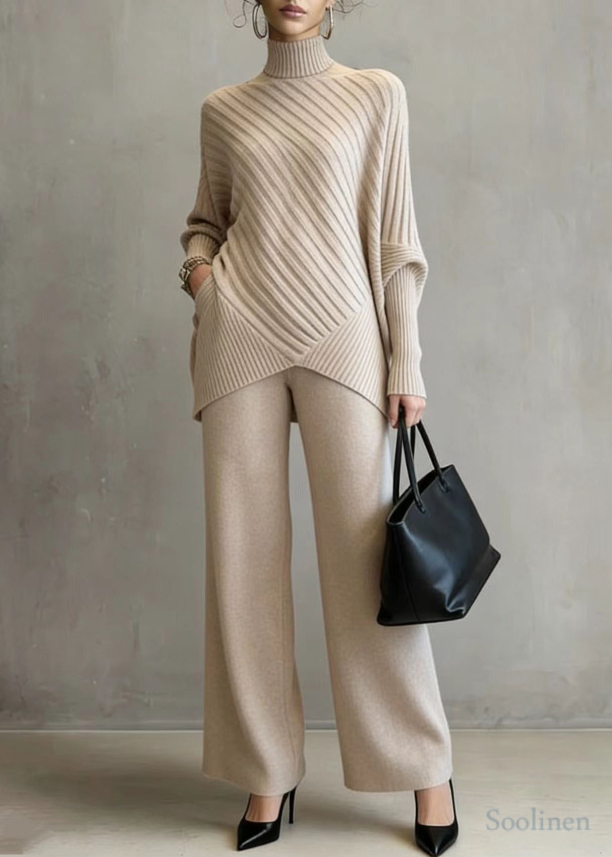 Fitted Khaki High Neck Asymmetrical Design Knit Two Pieces Set Spring