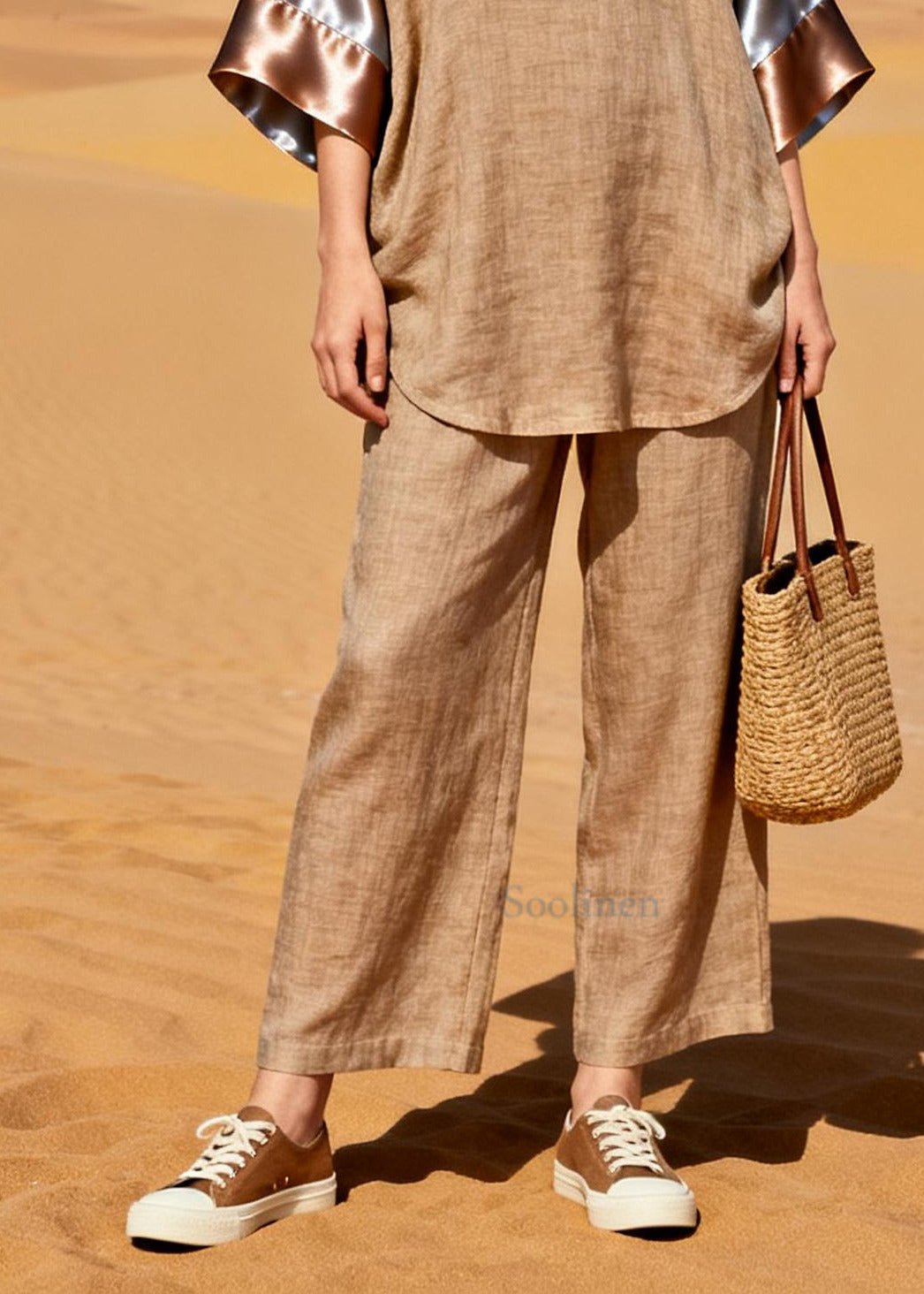 Fitted Khaki V Neck Patchwork Silk Linen 2 Piece Outfit Bracelet Sleeve