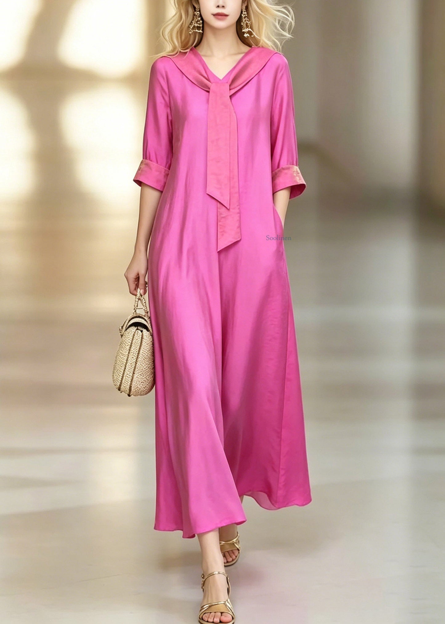 Fitted Pink Bow Patchwork Solid Maxi Dresses Short Sleeve