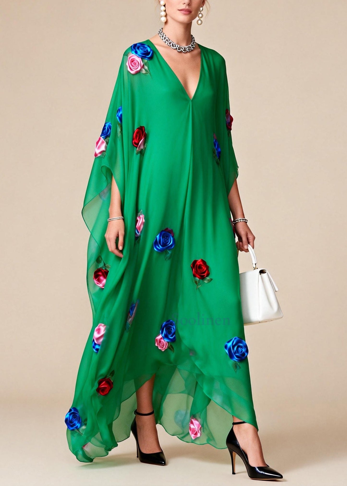 Fitted Tea Green Oversized Floral Chiffon Maxi Dress Summer