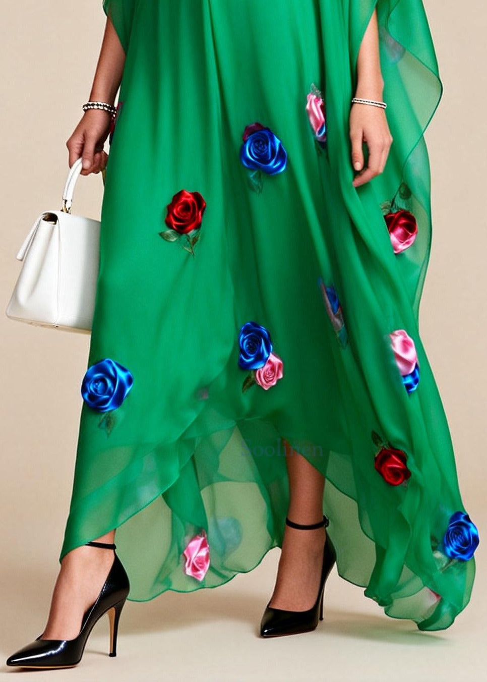 Fitted Tea Green Oversized Floral Chiffon Maxi Dress Summer