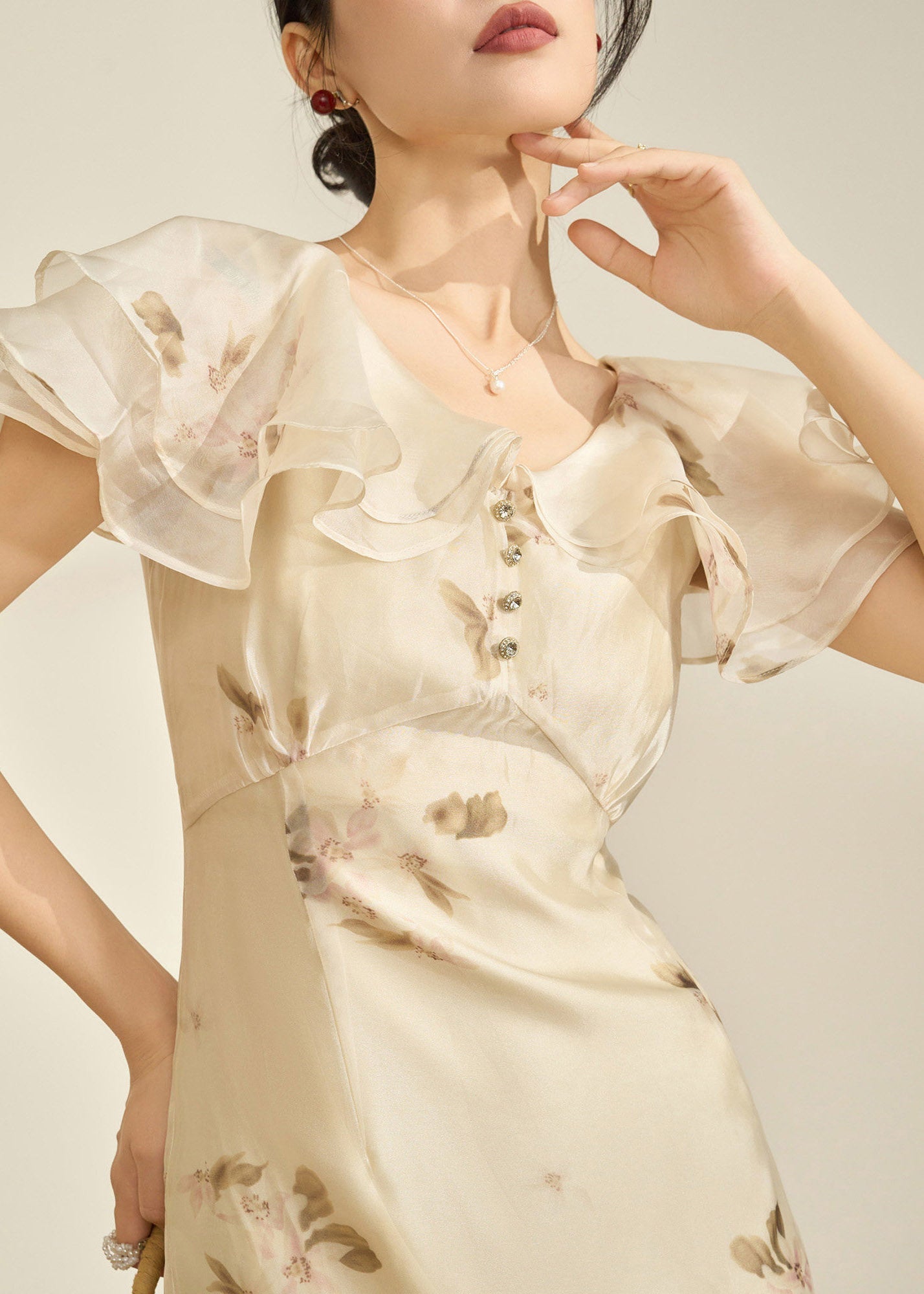 Fitted V Neck Patchwork Chiffon Long Fish-Tail Dresses Flare Sleeve