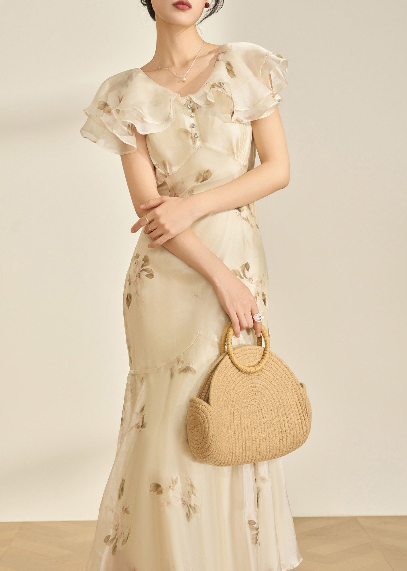 Fitted V Neck Patchwork Chiffon Long Fish-Tail Dresses Flare Sleeve