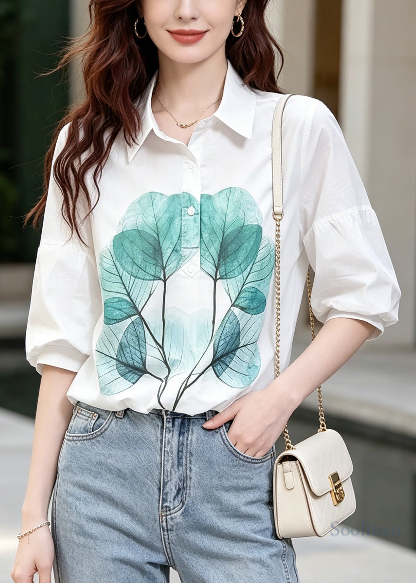 Fitted White Oversized Print Cotton Blouse Tops Bracelet Sleeve