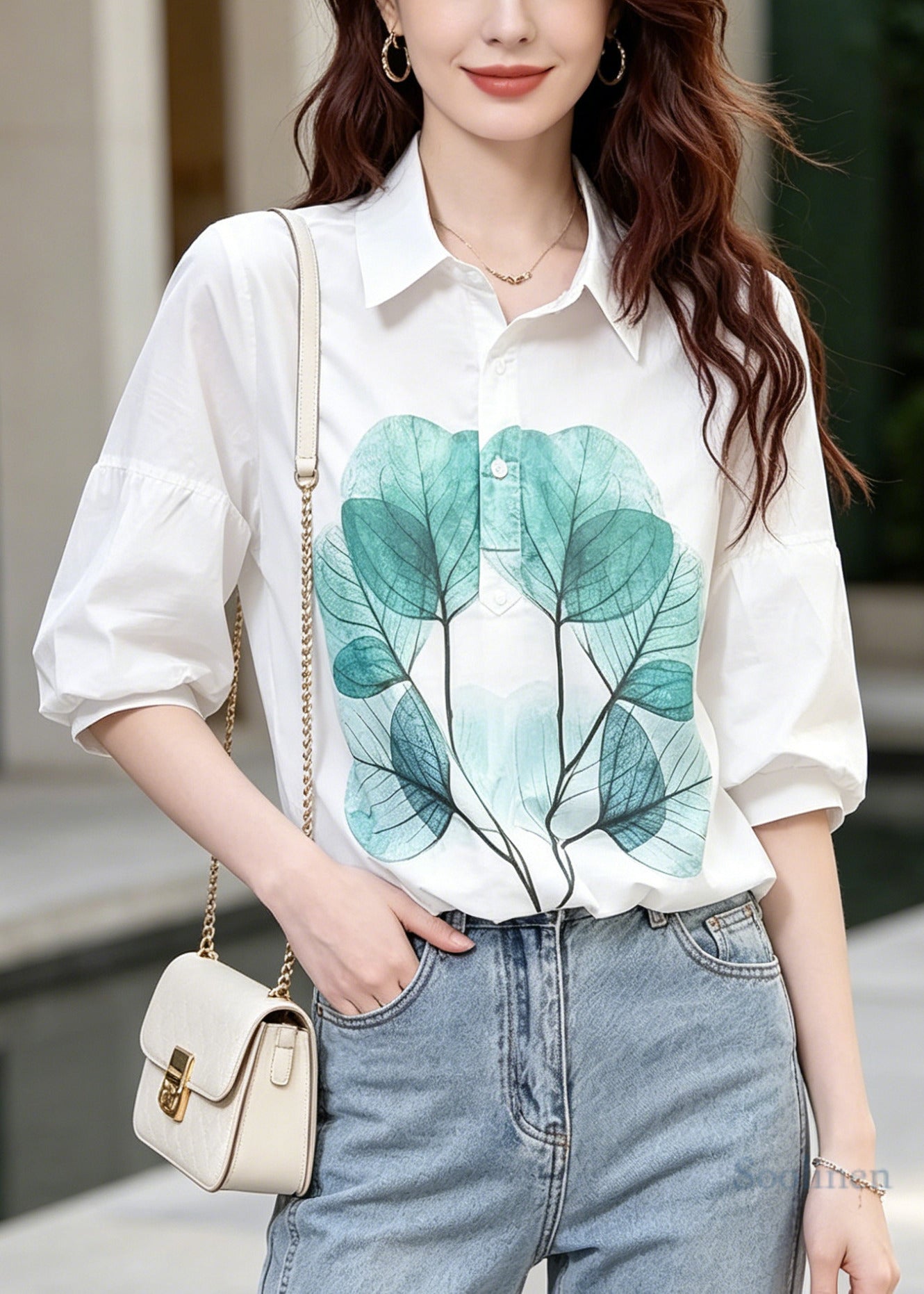 Fitted White Oversized Print Cotton Blouse Tops Bracelet Sleeve