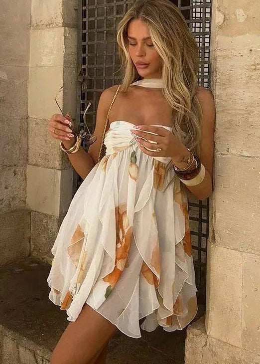 Fitted White Print With Scarf Chiffon Strapless Dresses Summer