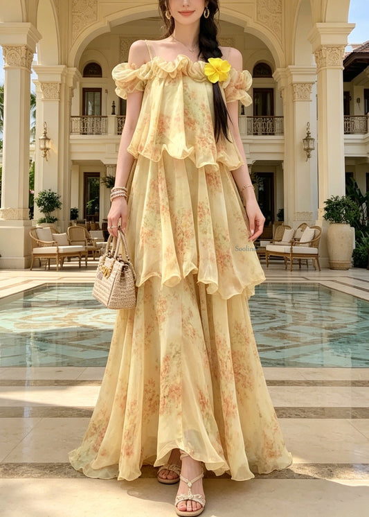 Fitted Yellow Cold Shoulder Ruffled Print Chiffon Maxi Spaghetti Strap Dress Sleeveless