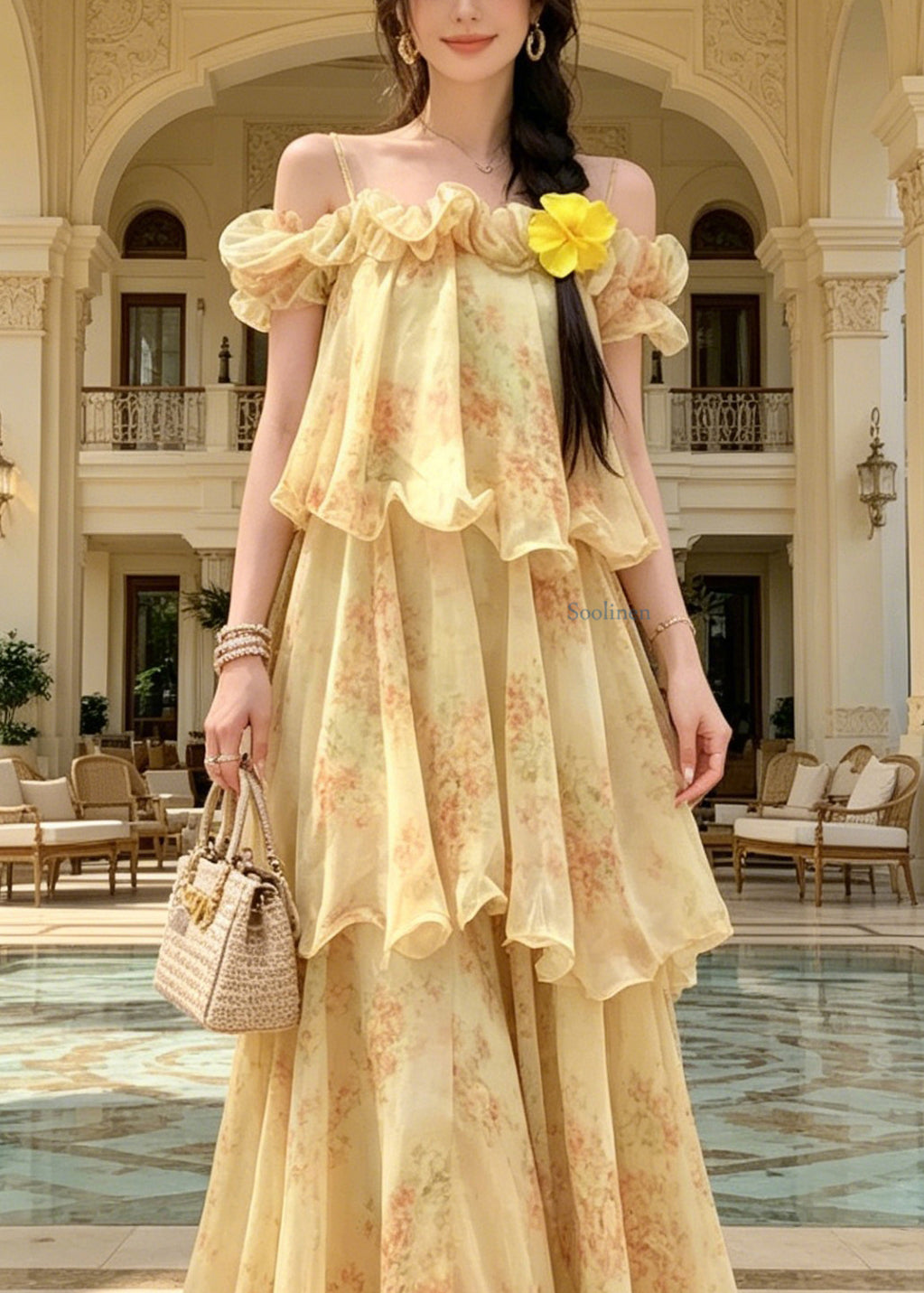 Fitted Yellow Cold Shoulder Ruffled Print Chiffon Maxi Spaghetti Strap Dress Sleeveless