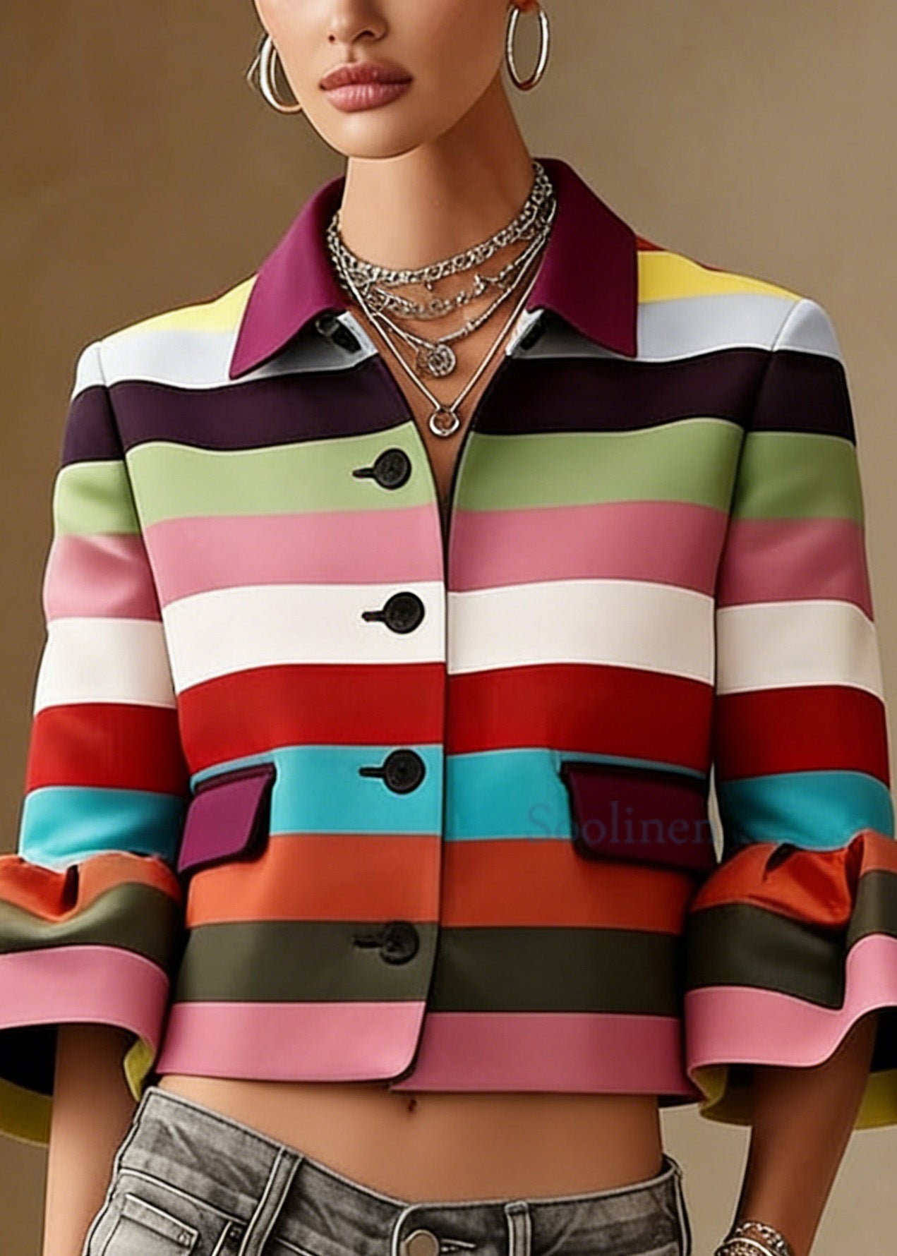Flared Sleeves Multi-Colored Striped Lapel Jackets Outerwear