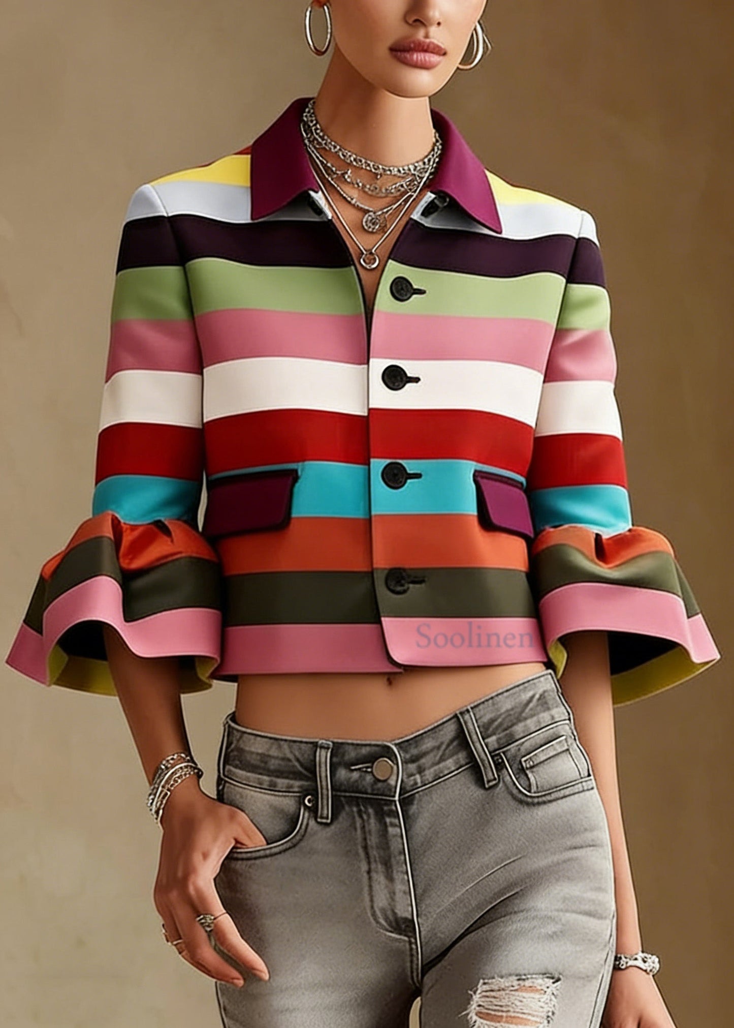 Flared Sleeves Multi-Colored Striped Lapel Jackets Outerwear