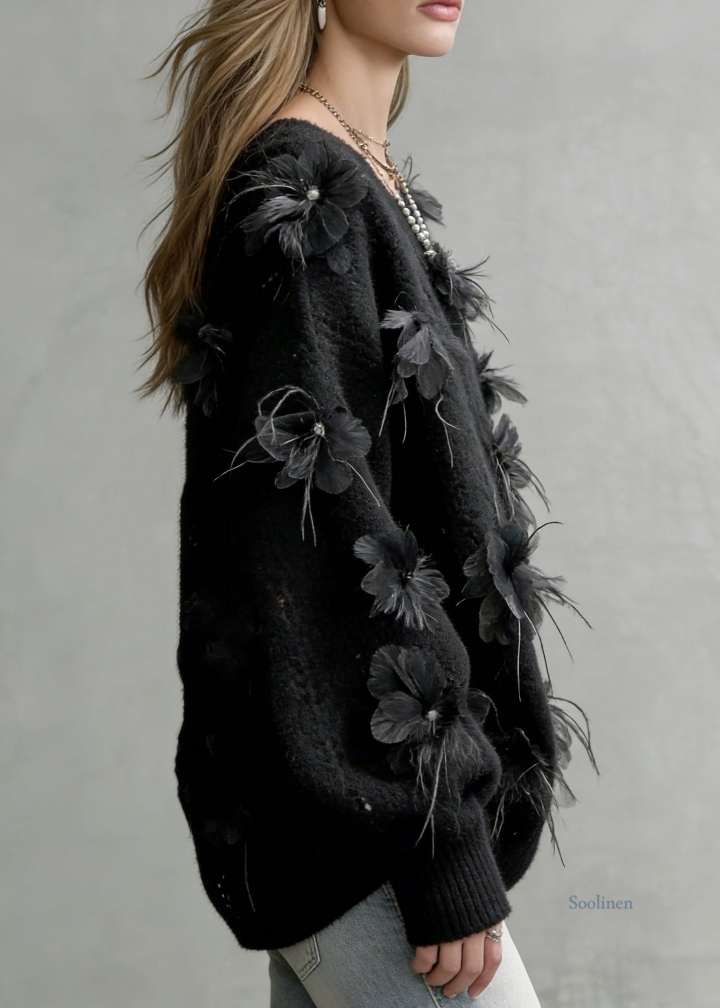 Floral Black O-Neck Hollow Out Knit Sweaters