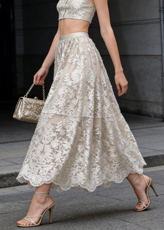 French Apricot Embroidered High Waist Tulle Skirts Spring