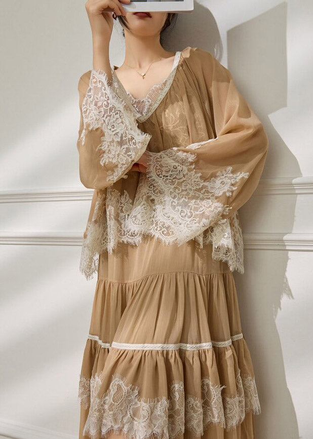French Apricot Lace Patchwork Top And Maxi Skirts Two Pieces Set Flare Sleeve
