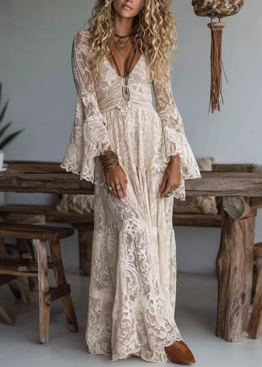 French Apricot V Neck Ruffled Lace Long Dresses