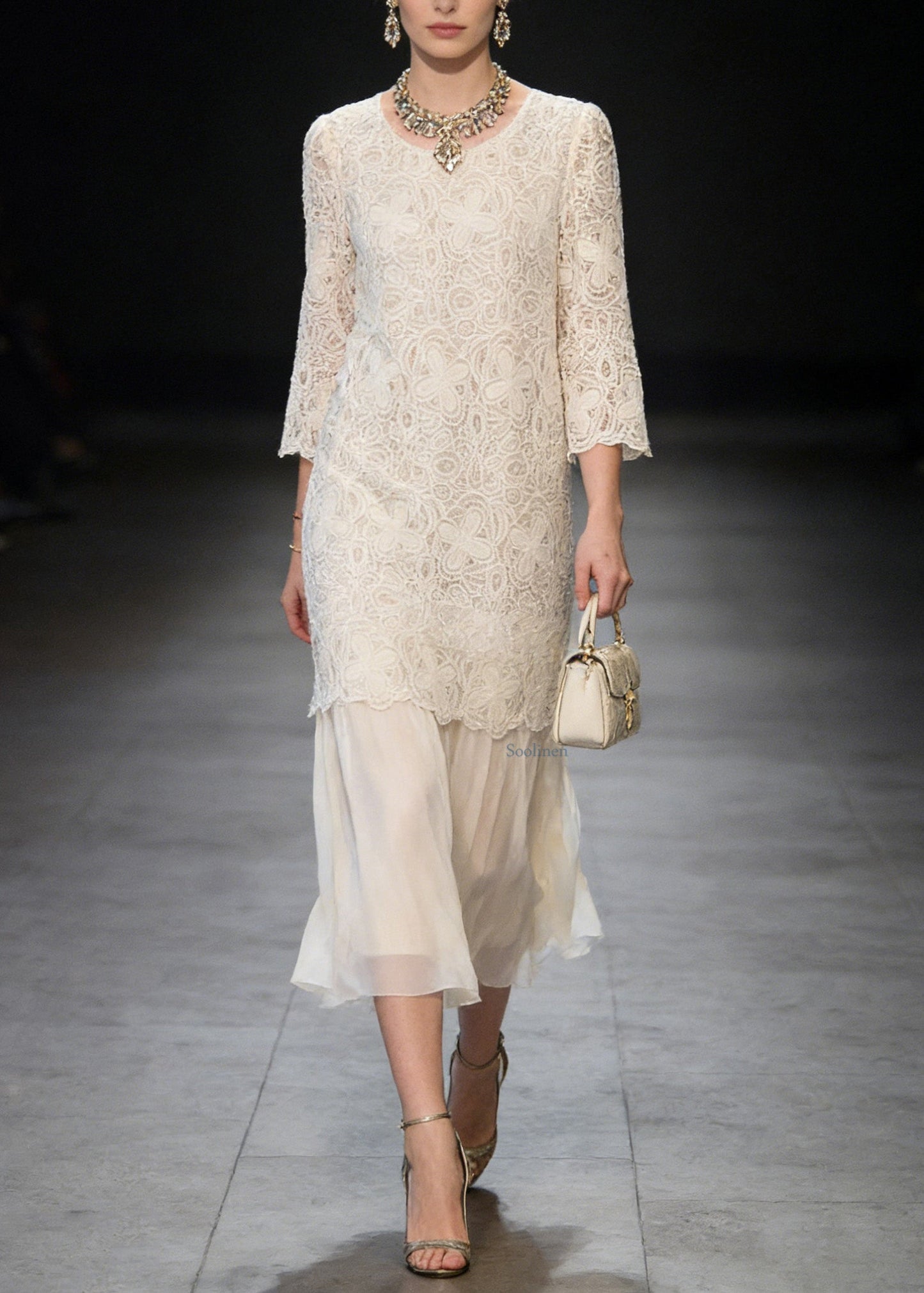 French Beige O Neck Patchwork Lace Dresses Summer