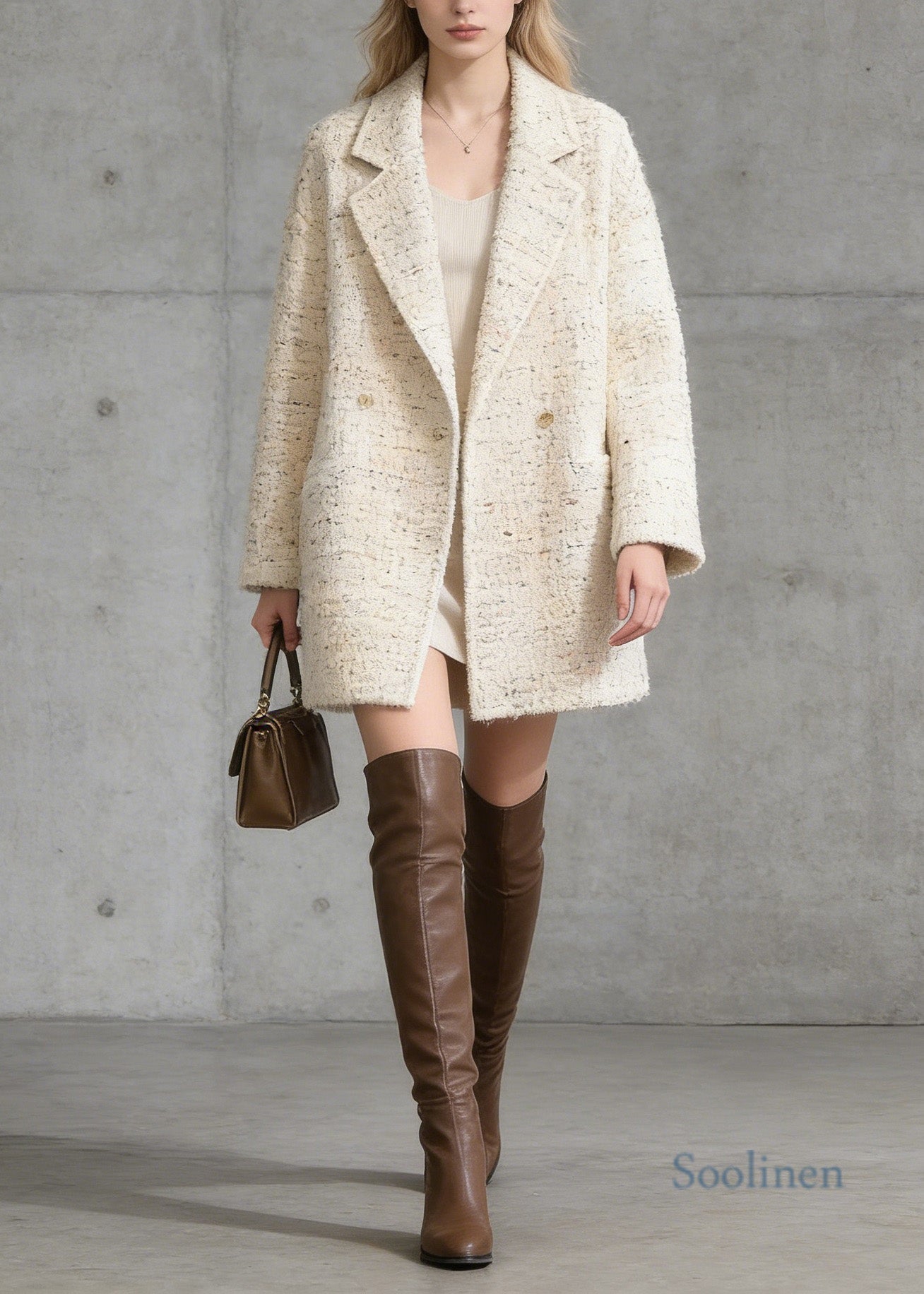 French Beige Peter Pan Collar Pockets Woolen Coat Spring