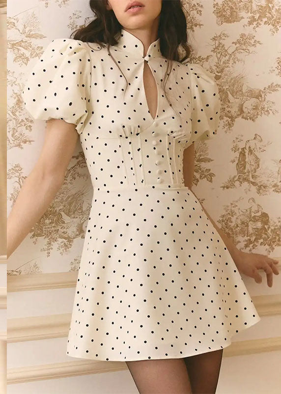 French Beige Stand Collar Puff Sleeve Print Cotton Mini Dresses