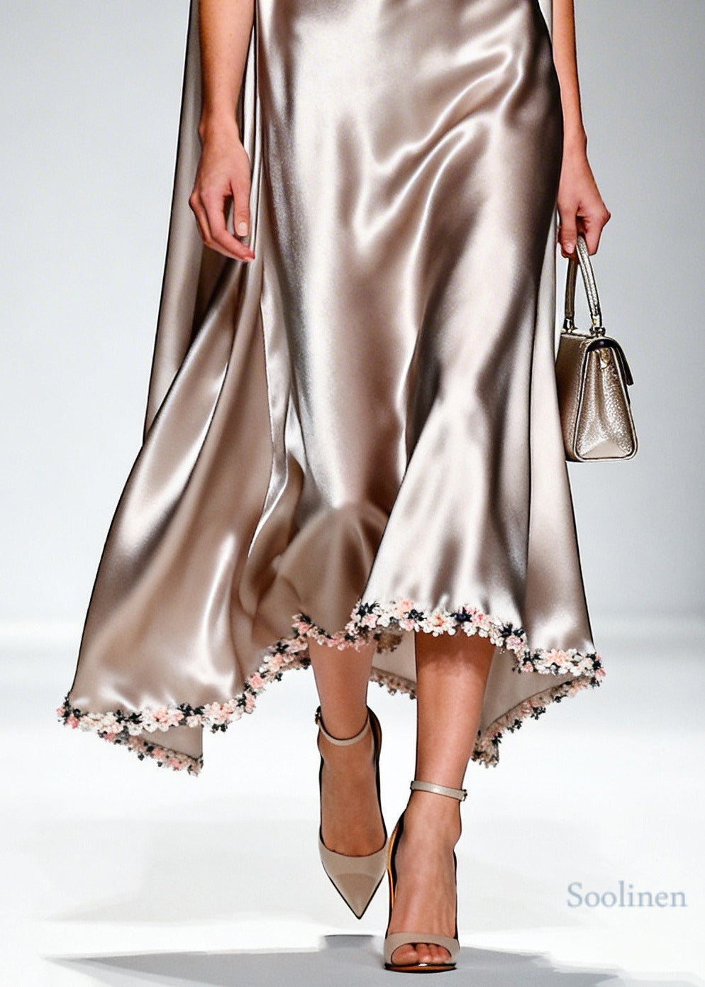 French Beige Turtle Neck Patchwork Flower Silk Dress Summer