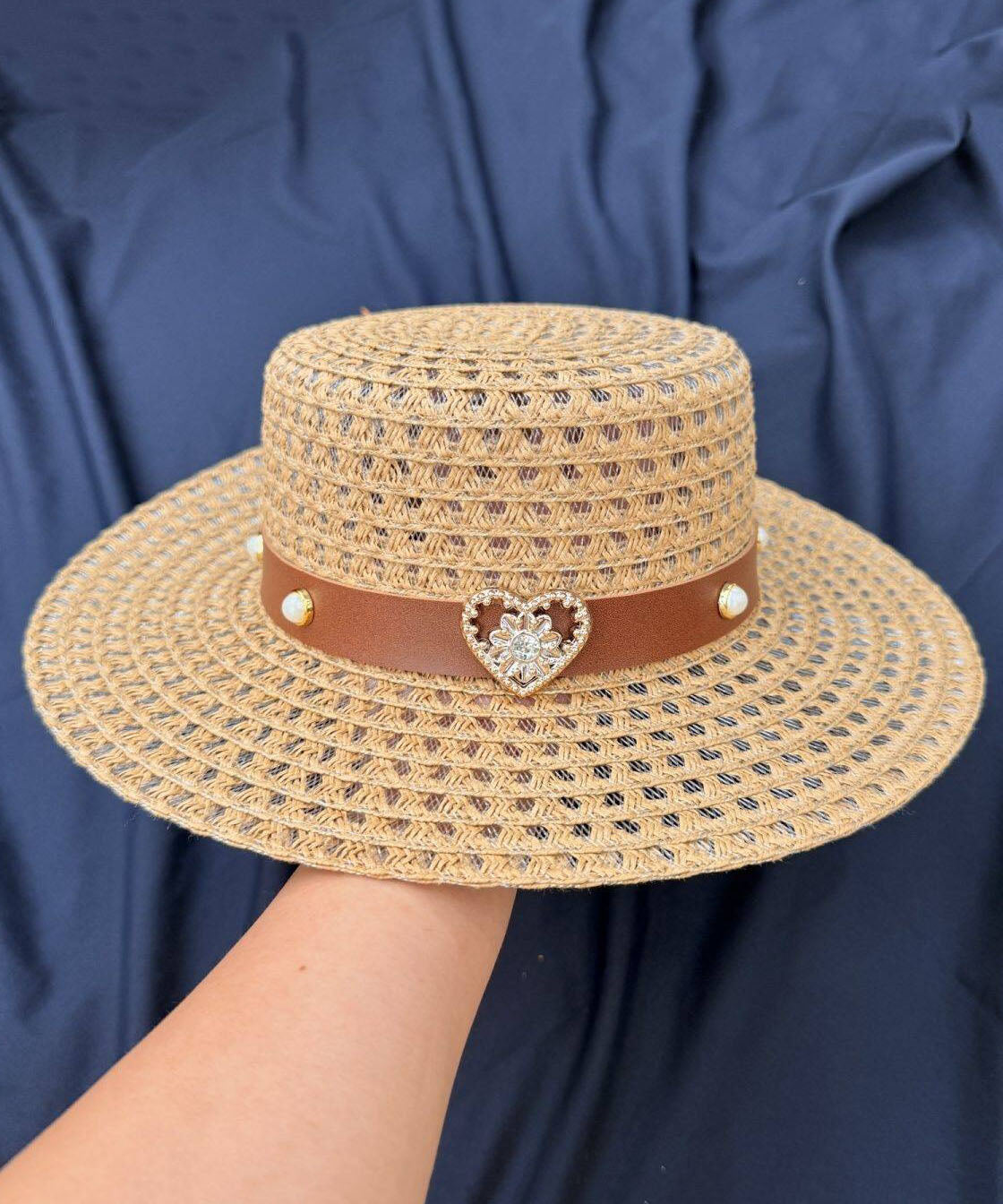 French Beige Zircon Heart-Shaped Hollow Out Breathable Sun Hat