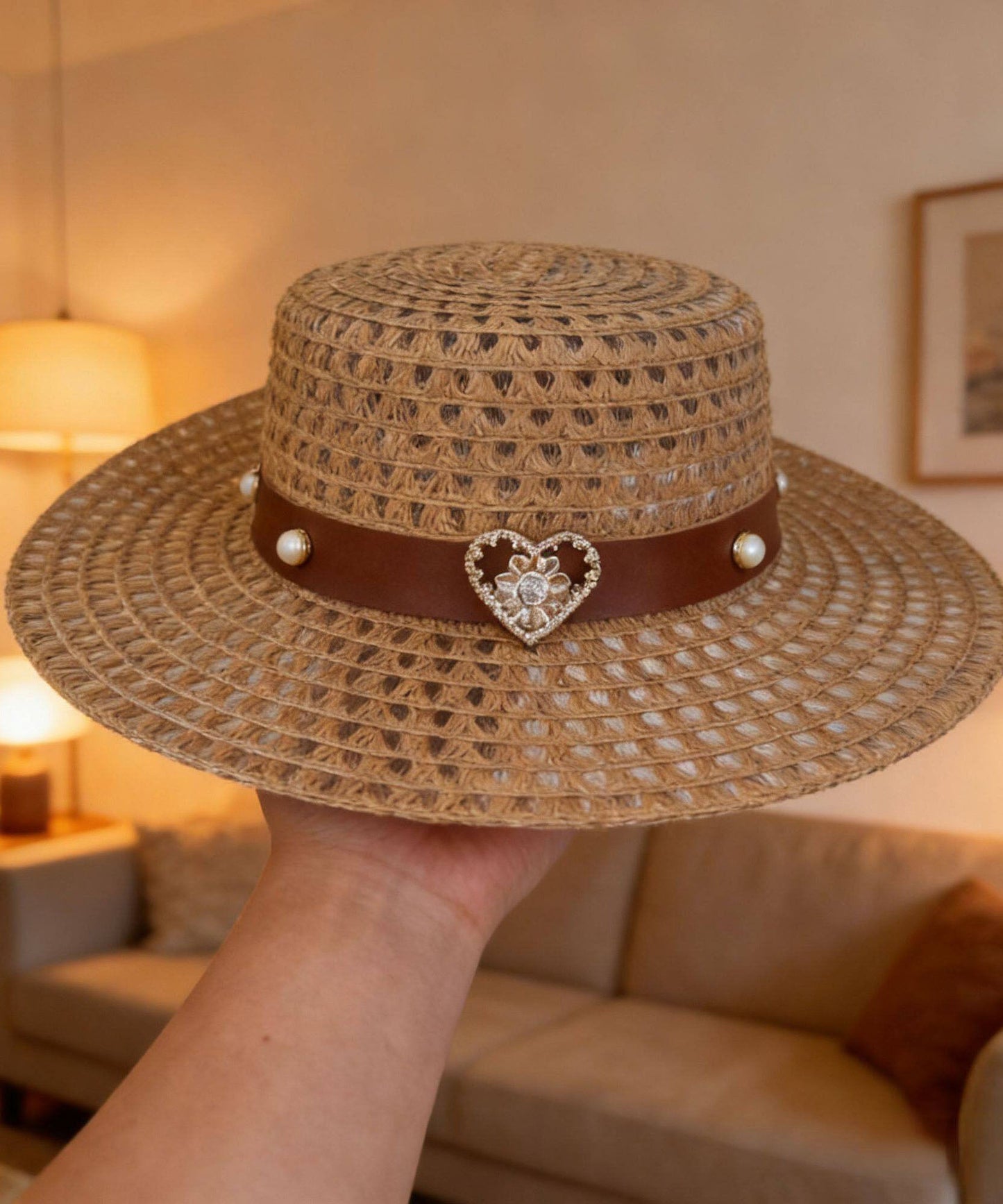 French Beige Zircon Heart-Shaped Hollow Out Breathable Sun Hat