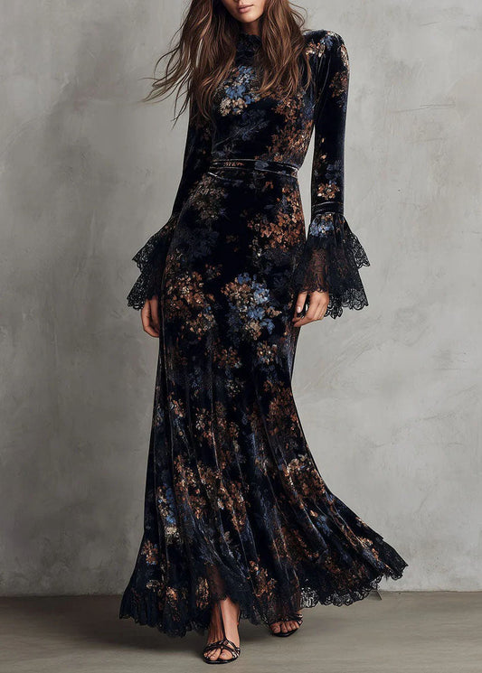 French Black Blue Print Patchwork Velvet Vacation Dresses Flare Sleeve