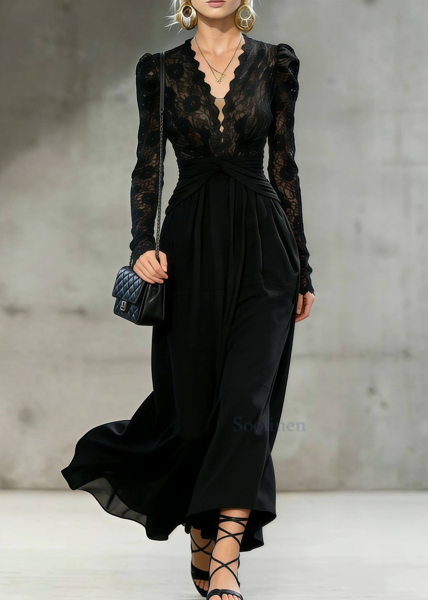 French Black Cinched Patchwork Lace Long Dresses Spring