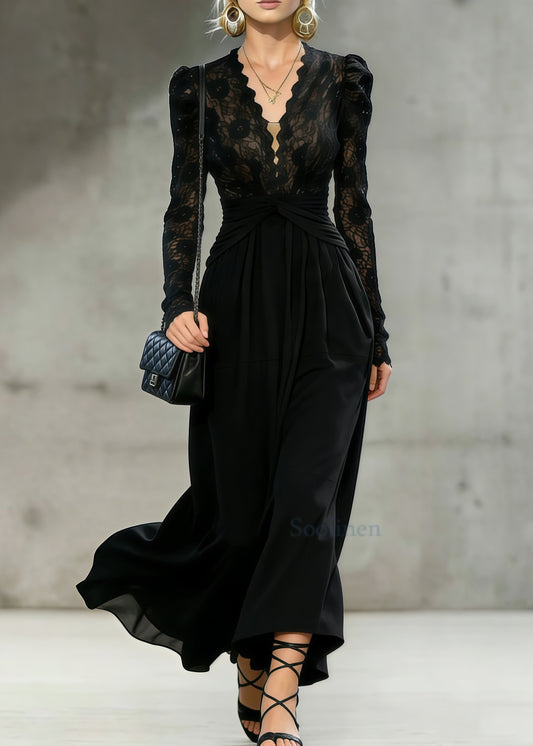 French Black Cinched Patchwork Lace Long Dresses Spring