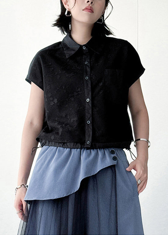 French Black Peter Pan Collar Jacquard Pockets Cotton Top Summer