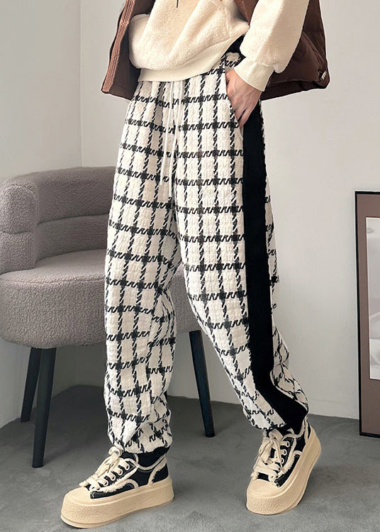 French Black Plaid Pockets Patchwork Cotton Men Pants Spring