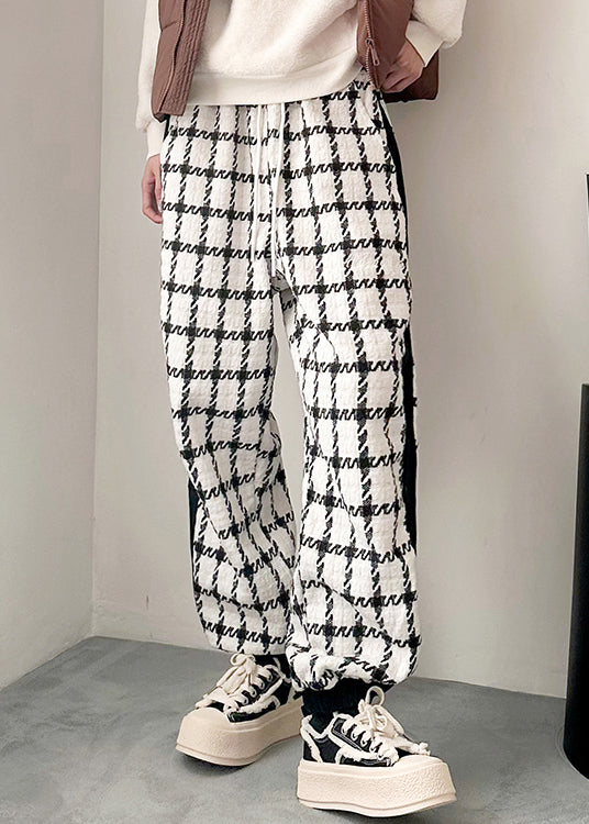 French Black Plaid Pockets Patchwork Cotton Men Pants Spring