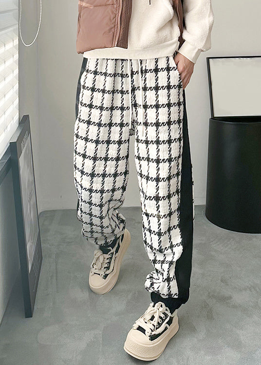 French Black Plaid Pockets Patchwork Cotton Men Pants Spring