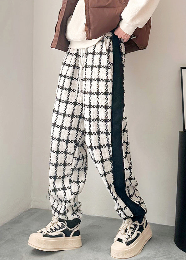 French Black Plaid Pockets Patchwork Cotton Men Pants Spring