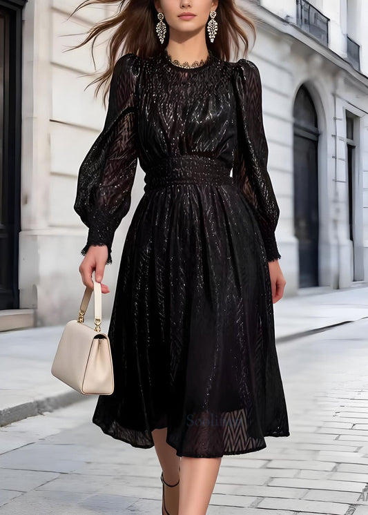 Conjunto de dos piezas de gasa con parches de encaje de hilo brillante negro francés para otoño