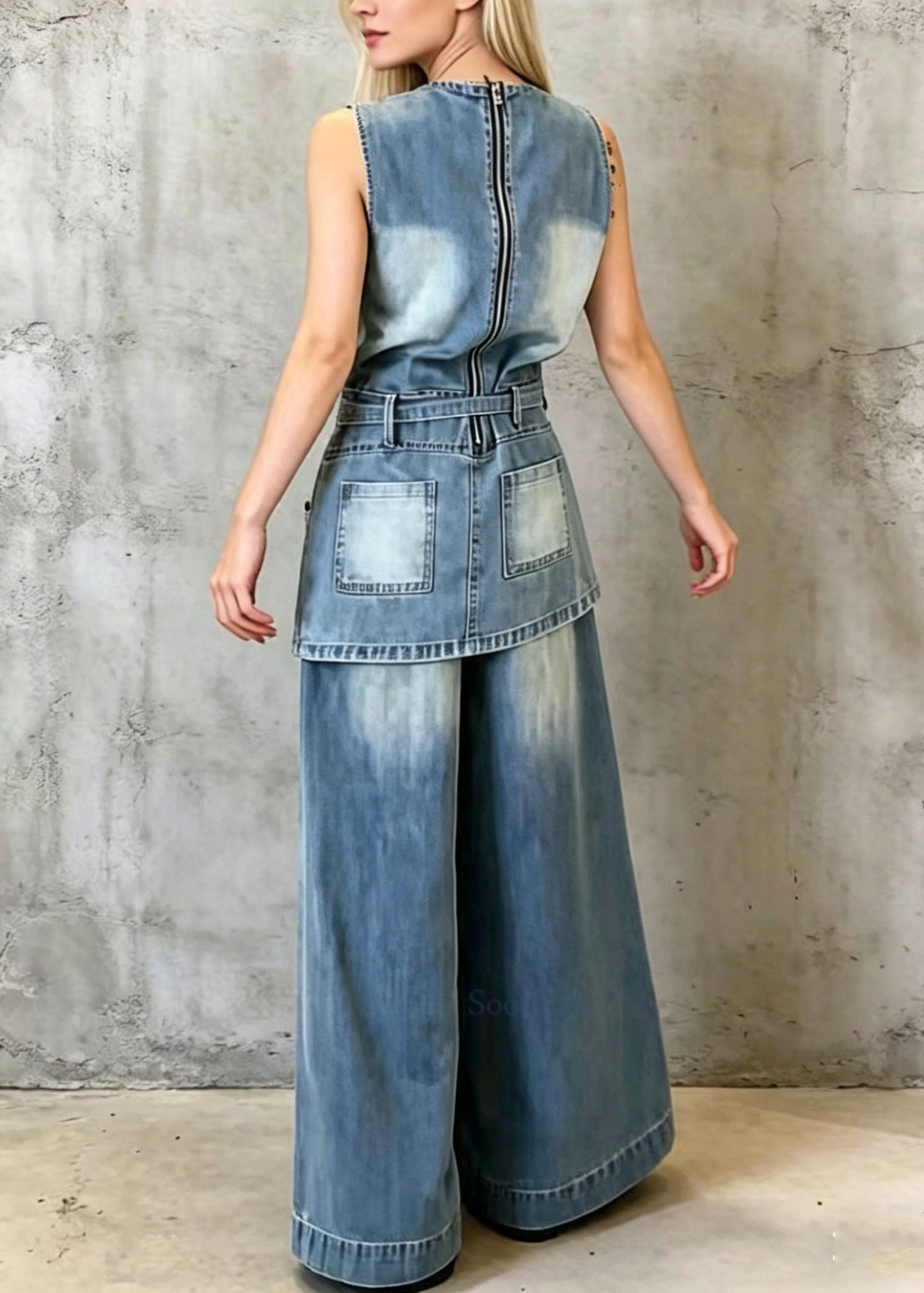 French Blue O-Neck Pockets Denim Sets 2 Pieces Sleeveless