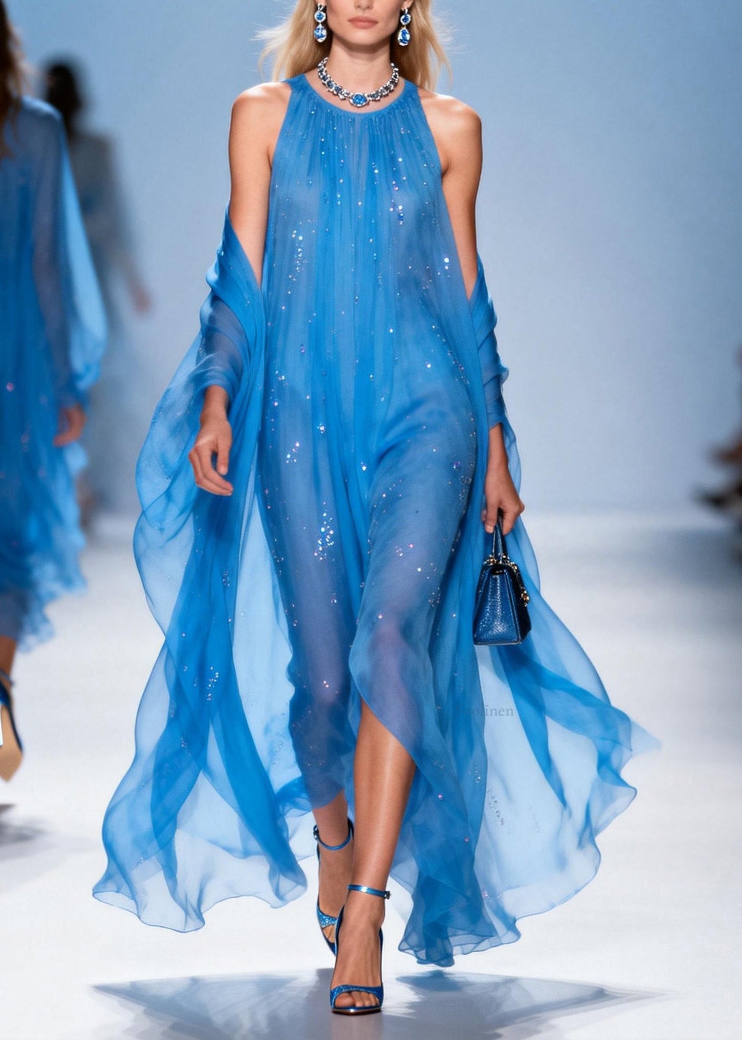 French Blue O Neck Zircon Patchwork Chiffon Dress Summer