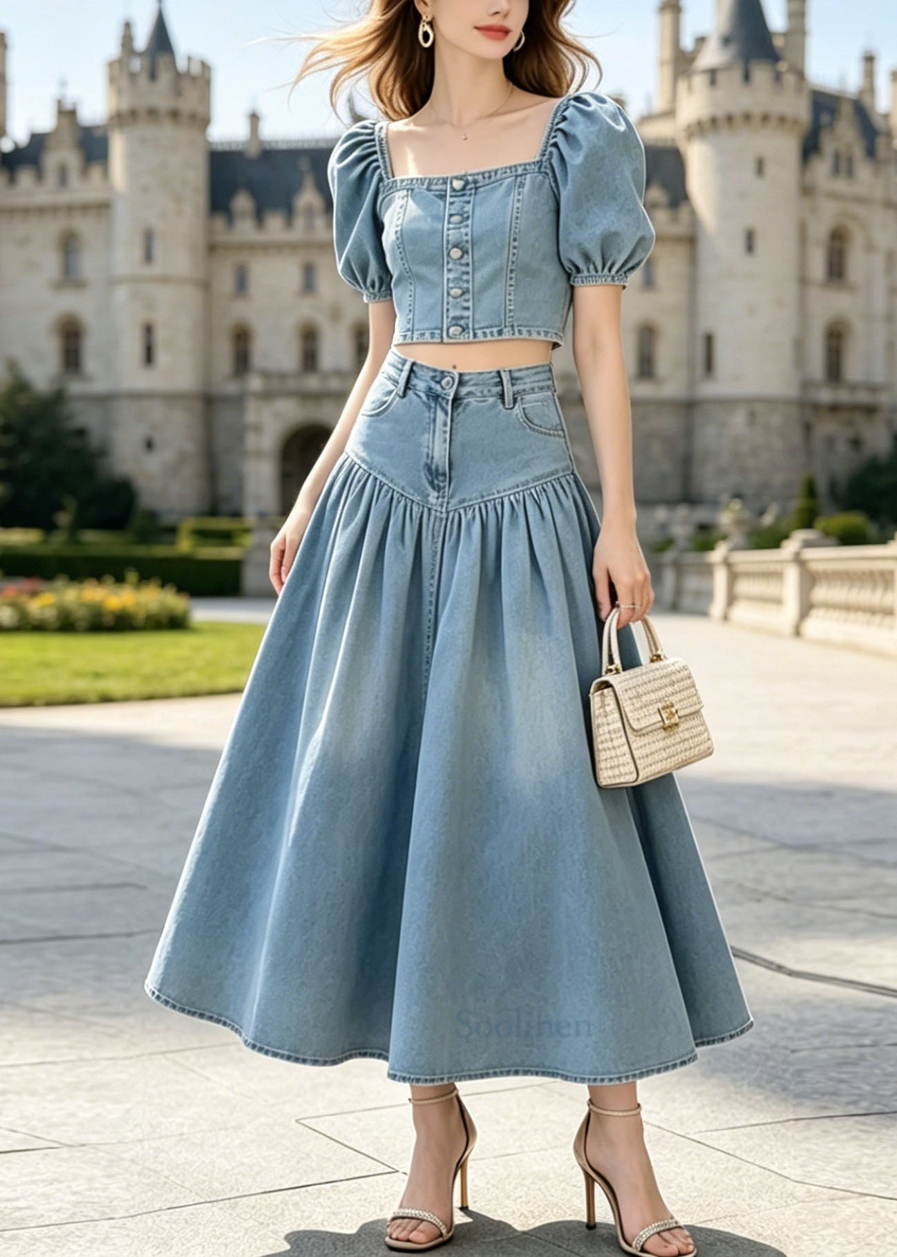French Blue Puff Sleeve Wrinkled Patchwork Denim Two Piece Set Outfits