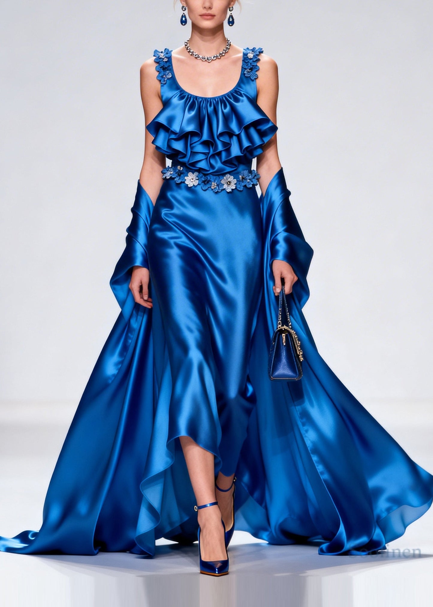 French Blue Ruffled Exra Large Hem Silk Party Dresses Summer