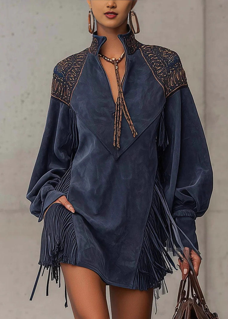 French Blue Tasseled Embroidered Patchwork Faux Suede Dresses Fall