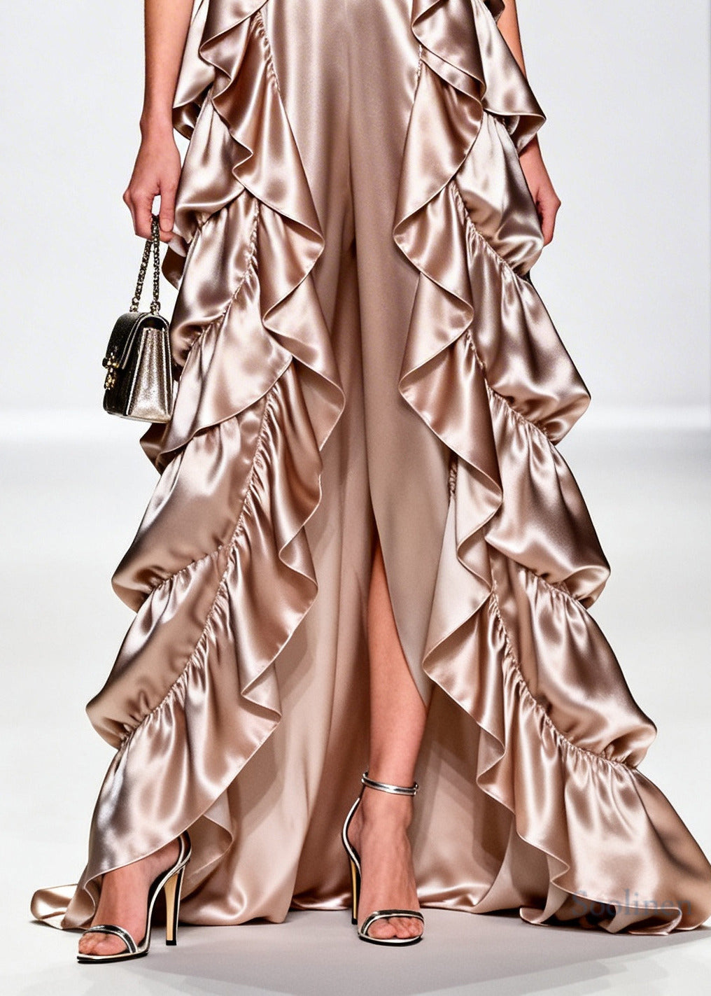 French Champagne Ruffled Floral Silk Vacation Dresses Sleeveless