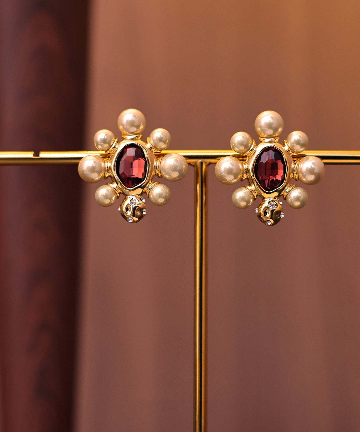 French Copper Overgild Pearl Crystal Stud Earrings