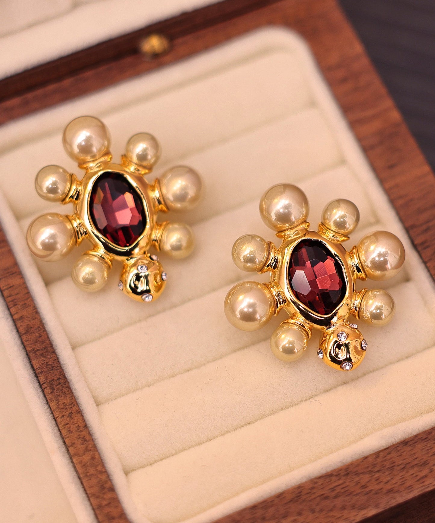French Copper Overgild Pearl Crystal Stud Earrings
