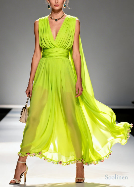 French Fluorescent Green V Neck Patchwork Flower Chiffon Long Dresses Summer